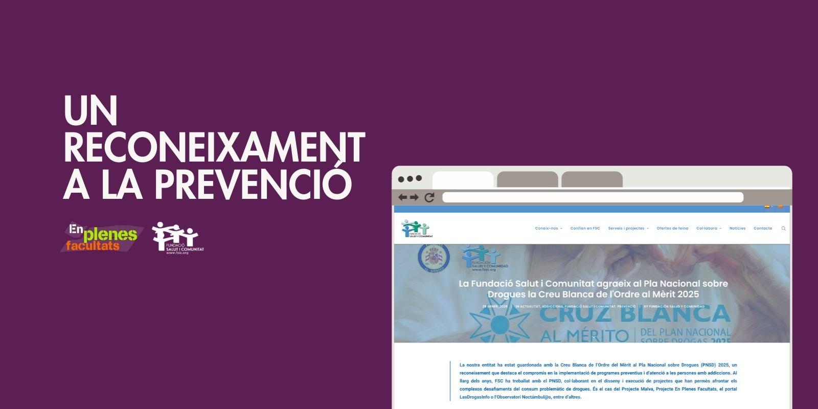 EPF celebra el reconeixement a la Fundació Salut i Comunitat amb la Creu Blanca del PNSD